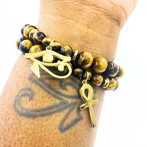 Tigers Eye and 18k Gold of Heru/Horus Ankh Bracelet Set, Egyptian Jewelry Set, Kemetic Jewelry, Gift for Him, Gift for Her, Key of Life