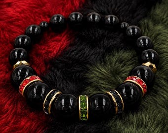 RBG Jewelry, RBG Bracelet, Pan African Bracelet,Onyx Stone Bracelet, Garveyite, Marcus Garvey, Mens RBG Womans