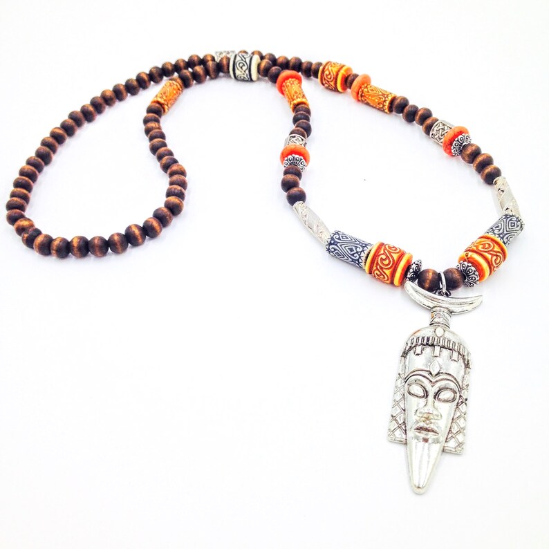 African Mask Necklace Tribal Jewelry Ebony Wood Orange | Etsy