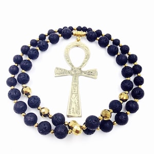Ankh Necklace with Black Lava Stone and Gold Hematite Necklace Egyptian Cross Necklace  Mens African Jewelry - Egyptian Jewelry,Ankh Jewelry