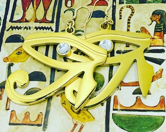 Echte 18K gouden Egyptische oorbellen, grote Egyptische OOG van HORUS oorbellen, echte gouden oog van Heru oorbellen, niet-bezoedelen, hypoallergene sieraden