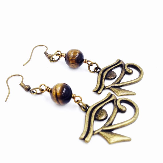 Tiger Eye - Eye of Horus Earrings // African Jewelry // Kemetic Jewelry //Egyptian Earrings // Bronze Eye of Heru earrings