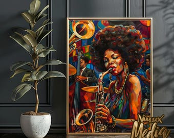 Könnte beinhalten: Ein farbenfrohes Gemälde einer Frau, die mit einer Band Saxophon spielt. Die Frau hat eine Afrofrisur und trägt eine goldene Halskette und Ohrringe. Das Gemälde ist in einem lebendigen Stil mit kräftigen Farben und Pinselstrichen ausgeführt.