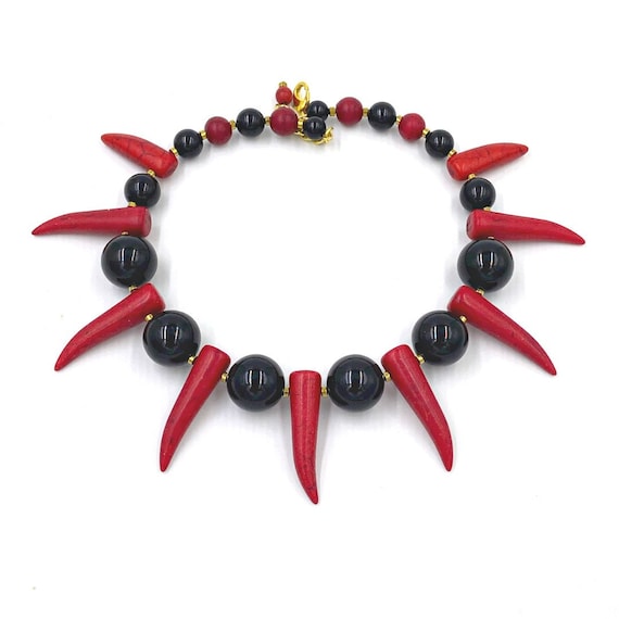 Men s Tribal Jewelry Onyx and RED Gemstone Shaka Zulu Necklace