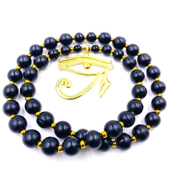 Men s Large Eye of Horus 3rd Eye Necklace Wood and Gold Gemstone