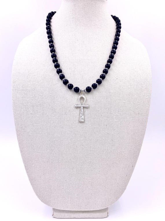 Ankh Necklace - Black Wood and Silver Hematite Gemstone - Egyptian Jewelry - African Necklace - Beaded Necklace - Kemetic Ankh Jewelry