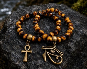 Tigers Eye and Bronze Eye of Heru and Ankh Bracelet Set / Egyptian Jewelry Set / Kemetic Jewelry / Gift for Him / Gift for Her / Key of Life