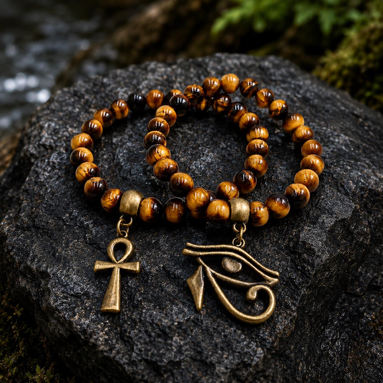 Tigers Eye and Bronze Eye of Heru and Ankh Bracelet Set / Egyptian