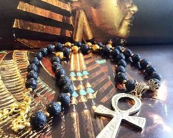 Ankh Necklace, Lava Stone and Gold Hematite Necklace, Mens African Jewelry, Egyptian Jewelry,Ankh Jewelry, Gift for him, Statement Necklace