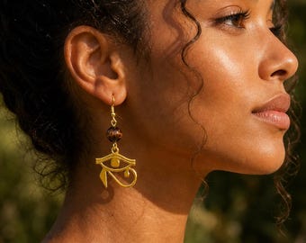 18k gouden oog van Horus-oorbellen – tijgeroog edelsteen, Egyptische sieraden, cadeau voor vrouwen,