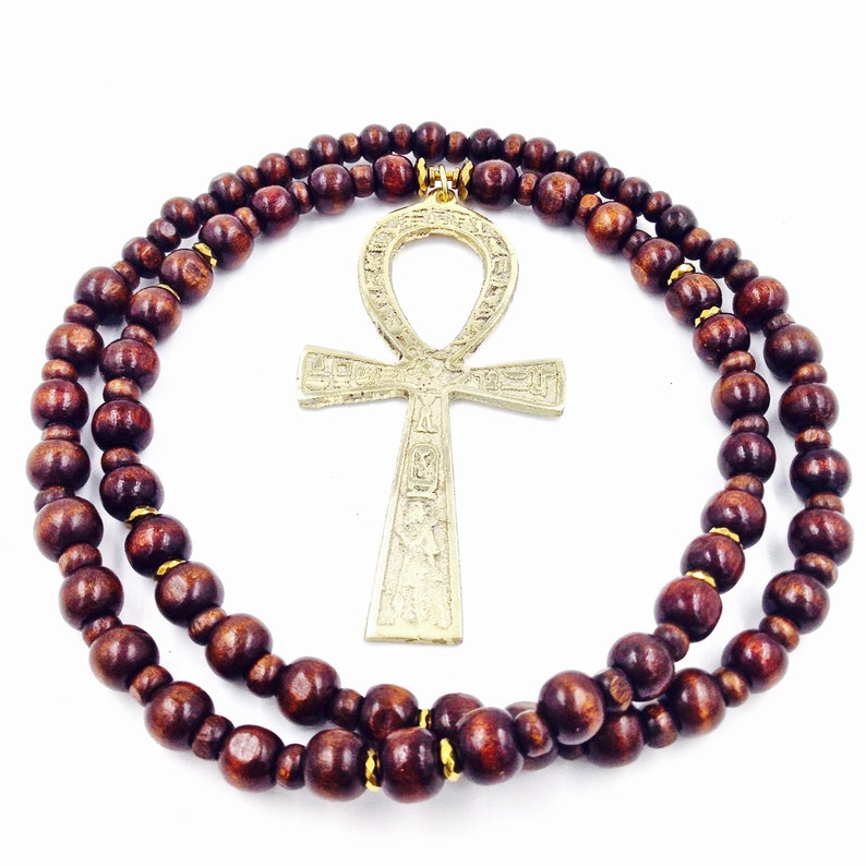 Mens African Jewelry Beaded Ankh Necklace Wood Necklace image 0.