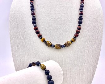 Conjunto de collar y pulsera de ojo de tigre rojo y amarillo, joyería para hombre, piedra preciosa de lava para hombre, hematita negra, collar sin colgante ni pulsera.