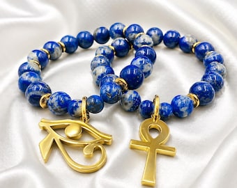 Blue Lapis Lazuli 18k Gold Eye of Horus Bracelet, 3rd Eye Egyptian Jewelry Unisex Gemstone Bracelet, Kemetic Jewelry Gift for Him or Her