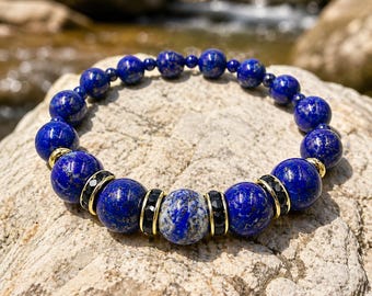 Pulsera de lapislázuli, pulsera elástica para hombre con gema azul, pulsera de cristal con diamantes de imitación negros - Pulsera de lapislázuli para hombre, regalo para él o para ella.