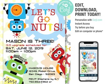 Robot Birthday Invitation Boy/'s Robot Birthday Invitation Robot Baby Shower Robot Invitation Bolt On Over And Let/'s Go Nuts Invitation