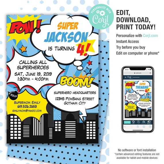 Editable Superhero Birthday Invitation Printable Invite Etsy