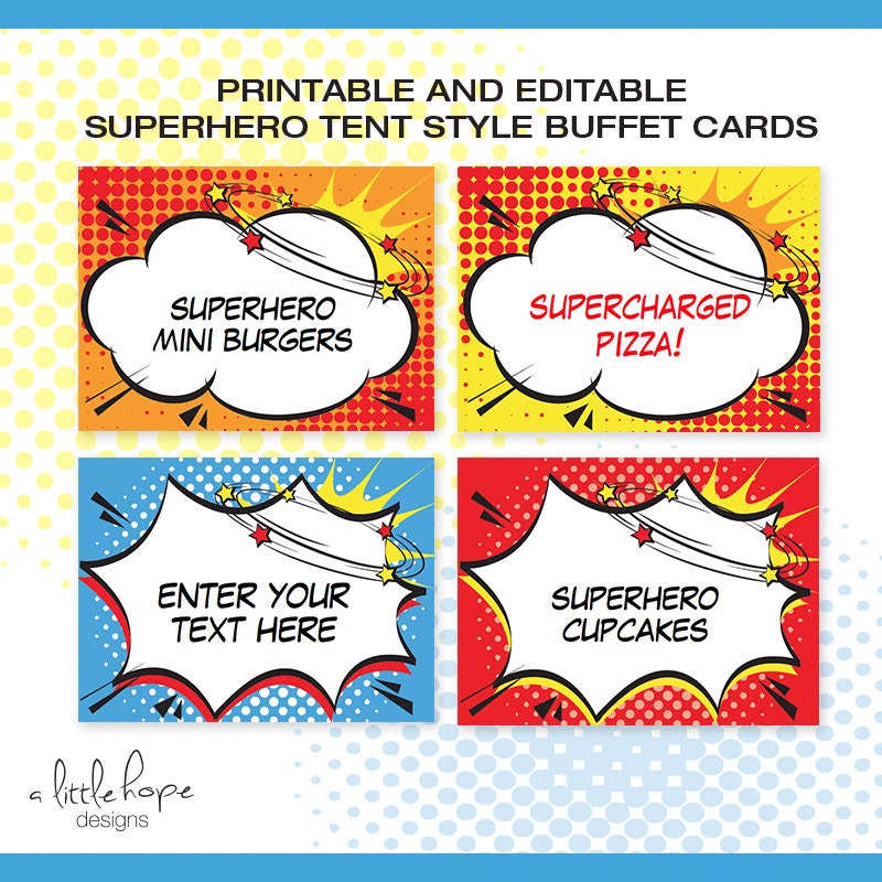 Superhero EDITABLE Folding Buffet Card Food Label Dessert | Etsy