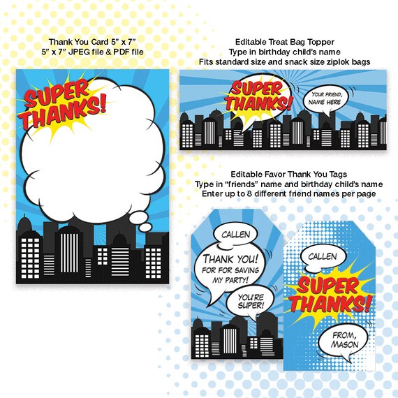 Superhero Editable Thank You Set Superhero Birthday Thank Etsy Superhero Editable Thank You Set Superhero Birthday Thank Etsy