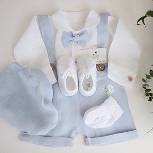 5 pcs. MIX 100% LINEN Baptism Outfit for a boy summer Baby Blue Linen Pants Linen Shirt Bow tie Christening Linen Outfit Love Details image 1