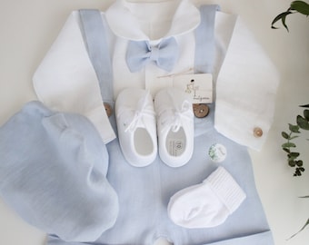 5 pcs. MIX 100% LINEN Baptism Outfit for a boy summer Baby Blue Linen Pants Linen Shirt Bow tie Christening Linen Outfit Love Details