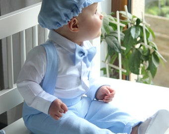 Ensemble de baptême pour garçon, LIN, ensemble de baptême, Tenues de lin bleues, tenue bébé