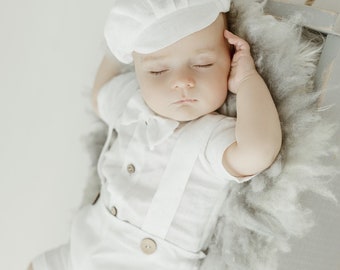 baptême baby garçon  en lin blanc costume de lin blanc pantalon en lin chemise noeud papillon chaussures en option chapeau