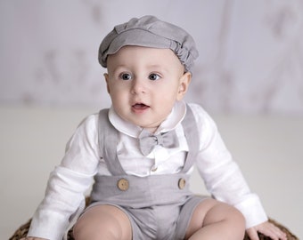 GRAY Linen Christening Outfit 5pc Baptism Outfit Linen White bodysuit Gray Linen Pants Outfit Linen Outfit Toddler Christening suit