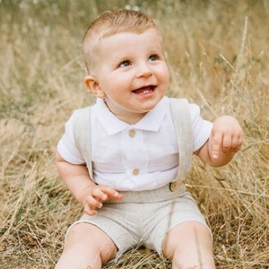 Beige Linen Christening Outfit for Baby Boy: Summer Baptism Set