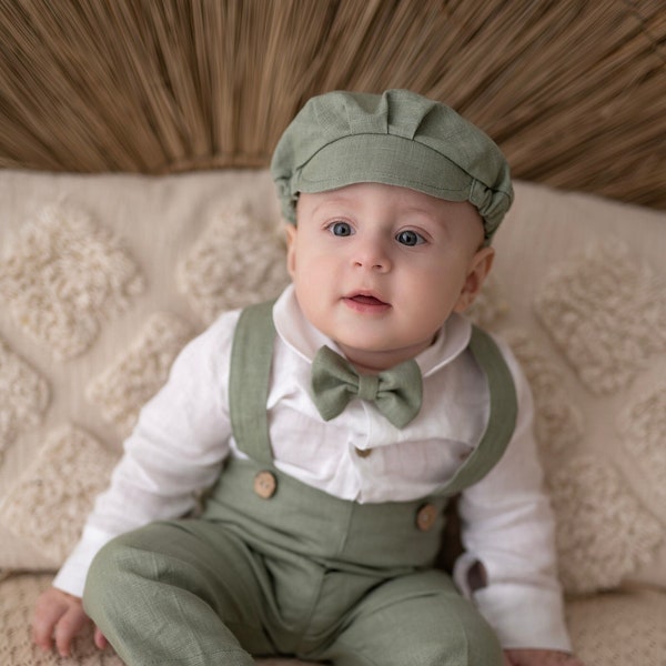 LINEN Baptism Outfit, GREEN Linen set, Linen bodysuit, christening linen outfit, toddler linen set, linen pants,bow tie, linen baby clothes