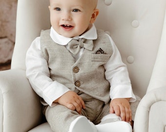 Traje de bautizo de lana merino para bebé: pantalón de espiga natural, body de lino