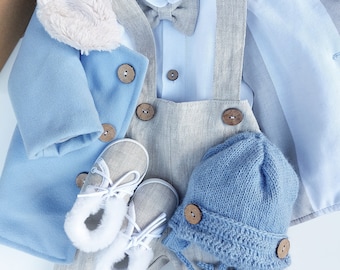 Traje de bautismo de niño, de bebé, abrigo cálido AZUL, zapatos cálidos, sombrero de lana de alpaca, pajarita, camisa y pantalones de lino