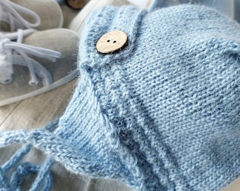 100 % Baby Alpaka handgestrickt, Wintermütze aus Alpakawolle, Baby Alpaka Mütze, blaue Mütze, Kokosnussknöpfe, für Neugeborene