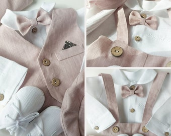 Baby Boy Rose Gold Linen Outfit Baptism Set Outfit for Boy Linen mint Pants Bow tie Bodysuit optional shoes Jacket Christening toddler suits