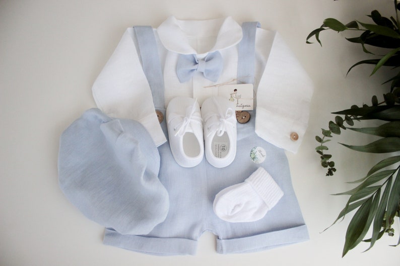 5 pcs. MIX 100% LINEN Baptism Outfit for a boy summer Baby Blue Linen Pants Linen Shirt Bow tie Christening Linen Outfit Love Details image 1