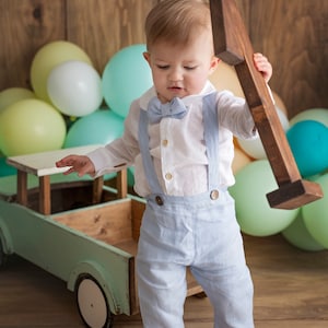 NEU 100 % Beige blau Leinen Tauf-Outfit Tauf-Outfit Leinen Weißes Hemd-Body Leinen Hosen-Outfit Leinen für Jungen Taufstil Taufe Baby Outfit