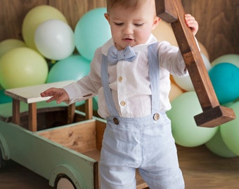 Baby boy BLUE Linen Christening Outfit Baptism White bodysuit Baby blue Linen Pants Outfit Linen Outfit for Boy Christening Style