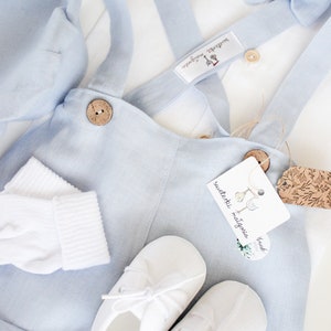 5 pcs. MIX 100% LINEN Baptism Outfit for a boy summer Baby Blue Linen Pants Linen Shirt Bow tie Christening Linen Outfit Love Details image 2