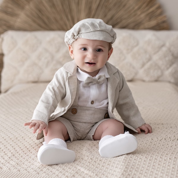 Baby Boy BEIGE Linen Suit Christening Outfit For Boy LINEN Baptism Beige Linen Suit Bodysuit Linen Pants Bow tie Optional Shoes Jacket