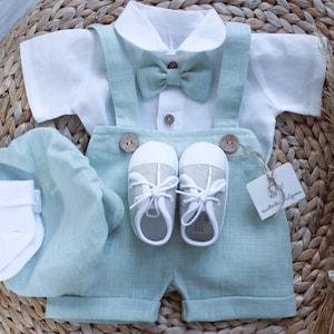 Linen Baptism Outfit for a boy / 3 pcs. MINT Linen Pants Linen Shirt Bow tie Christening Linen Outfit Love Details coconut buttons