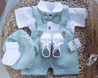 Linen Baptism Outfit for a boy / 3 pcs. MINT Linen Pants Linen Shirt Bow tie Christening Linen Outfit Love Details coconut buttons