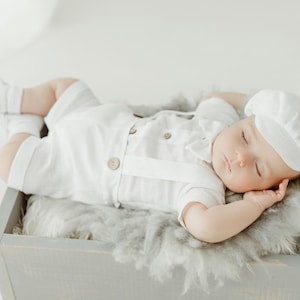 Baby boy white linen suit WHITE Linen Pants Linen Shirt Bow tie optional shoes Hat Christening Linen Outfit Love Details coconut buttons