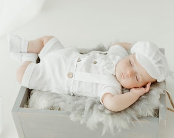 baptême baby garçon  en lin blanc costume de lin blanc pantalon en lin chemise noeud papillon chaussures en option chapeau