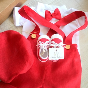 Red Linen Christening Outfit: Baby Boy Baptism Suit