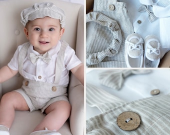 Christening set for boy, Baptism, White beige stripes, Linen Outfits, Outfit Baby boy, Christening Linen, Summer linen baby outfit