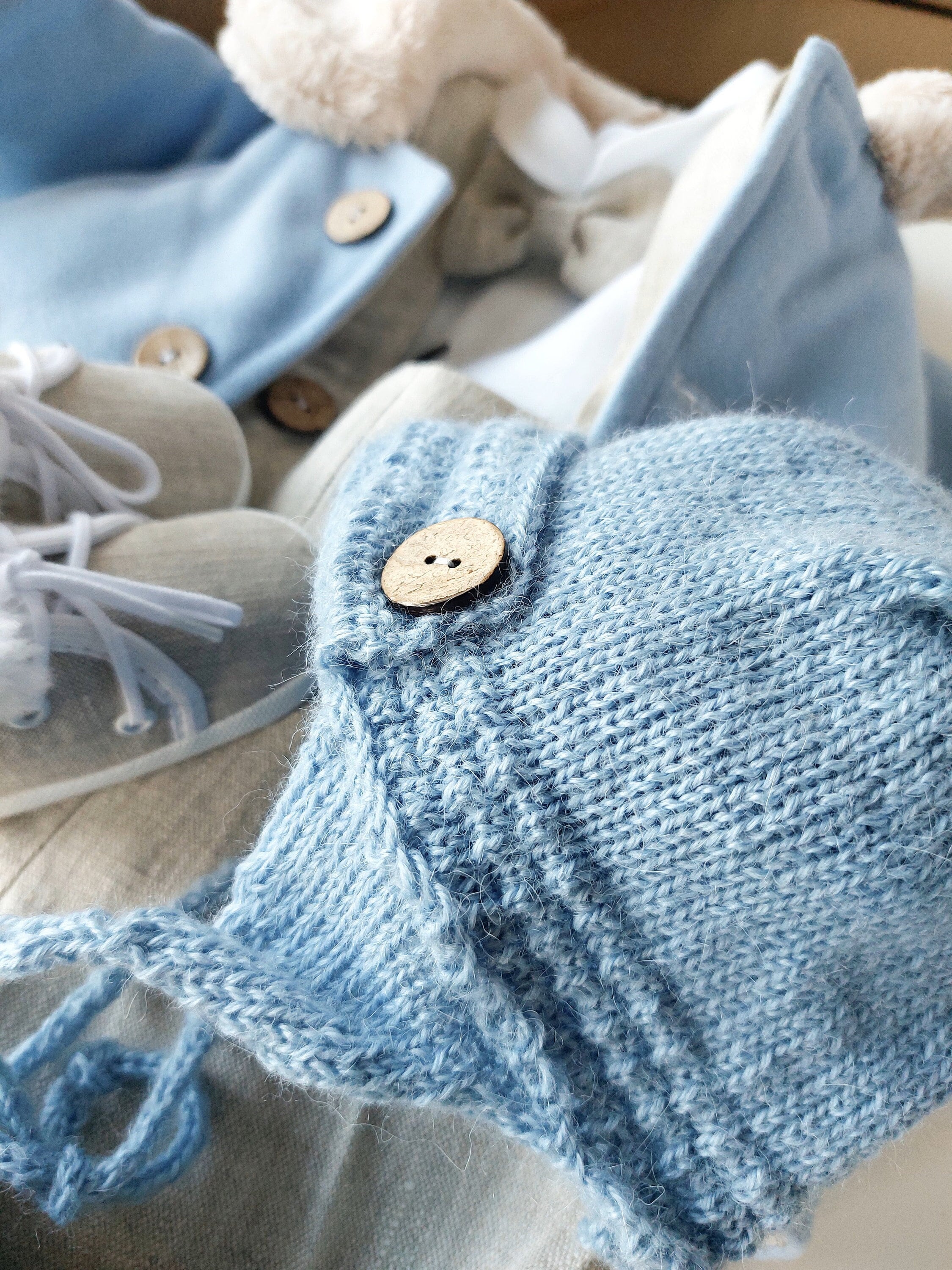 Hand-knitted Baby Alpaca Bonnet: Blue Wool Cap With Coconut