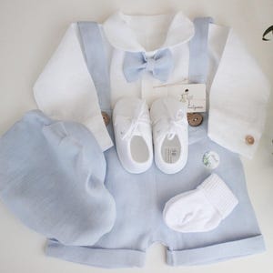 5 Stk. MIX 100% Leinen BLAU Taufoutfit für Jungen Sommer Baby BLAU Leinenhose Leinenhemd Fliege Taufanzug Leinen Liebevolle Details