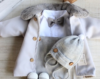 Linen Baby Boy Christening Outfit: Gray Coat, Bow Tie, Warm Hat