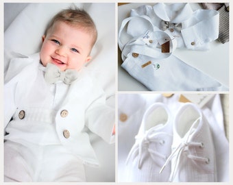 Boys White Linen Outfit Baptism Set Outfit for a Boy WHITE Jacket Pants Shoes Shirt- body Christening linen suits Bow tie coconut button