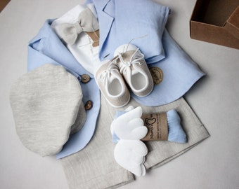 100% linen Jacket  for a boy / BLUE  baptism Jacket we LOVE details coconut buttons