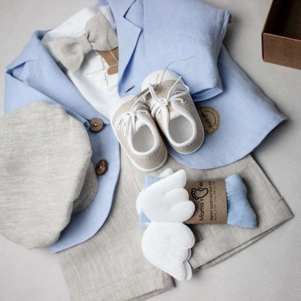 100% linen Jacket  for a boy / BLUE  baptism Jacket we LOVE details coconut buttons